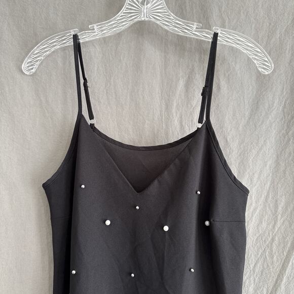 Black Camisole Tank Top Pearl Embellished Sheer Cami Minimalist Y2K Coquette M - Picture 2 of 11